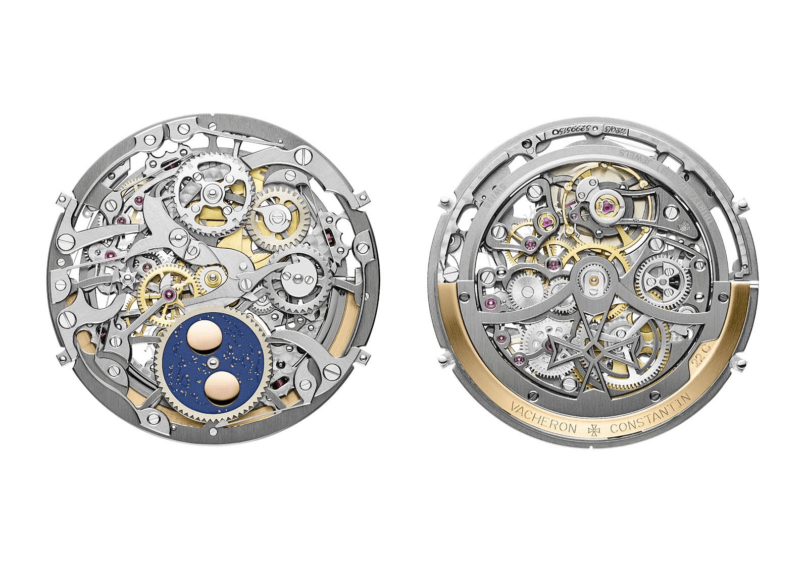 mặt trước và sau bộ máy Calibre 1120QPSQ /1 của Vacheron Constantin Overseas Perpetual Calendar Skeleton